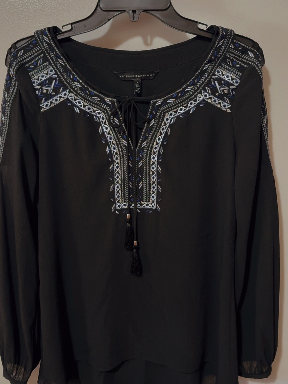 White House Black Market Black Tunic with Blue and White Embroidery